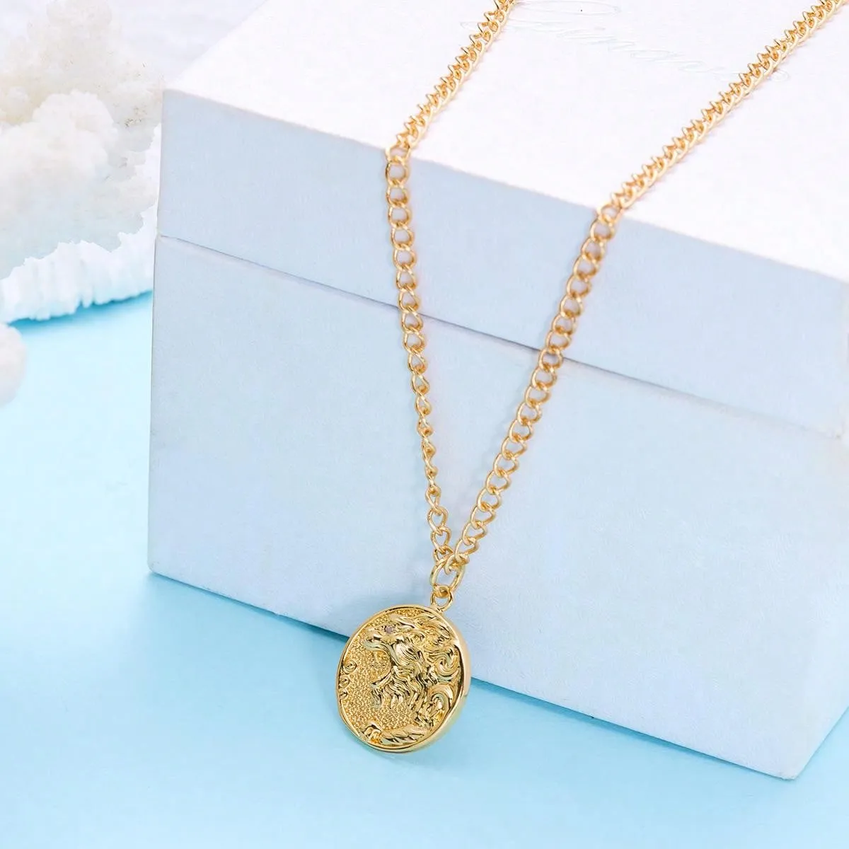 Disc Lion Pattern Round Pendant Necklace Alloy for Men Jewelry for Men Jewelry