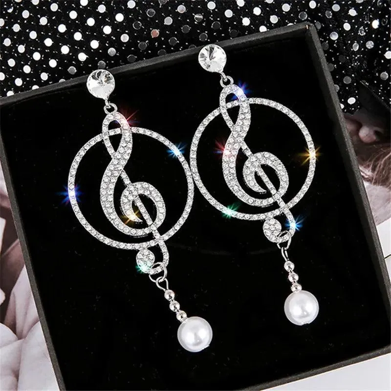 Earrings Charm Jewelry Music Symbol Rhinestone Crystal Pearl #A4140