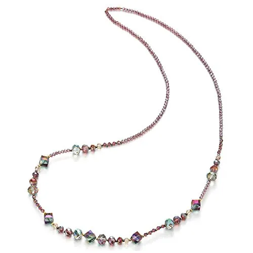 Elegant Purple Rainbow Statement Necklace Long Beads Chain with Crystal Bead Charm Dress Prom Party