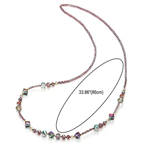 Elegant Purple Rainbow Statement Necklace Long Beads Chain with Crystal Bead Charm Dress Prom Party