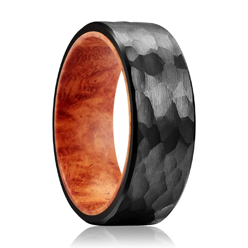 GILROY | Red Burl Wood, Black Tungsten Ring, Hammered, Flat