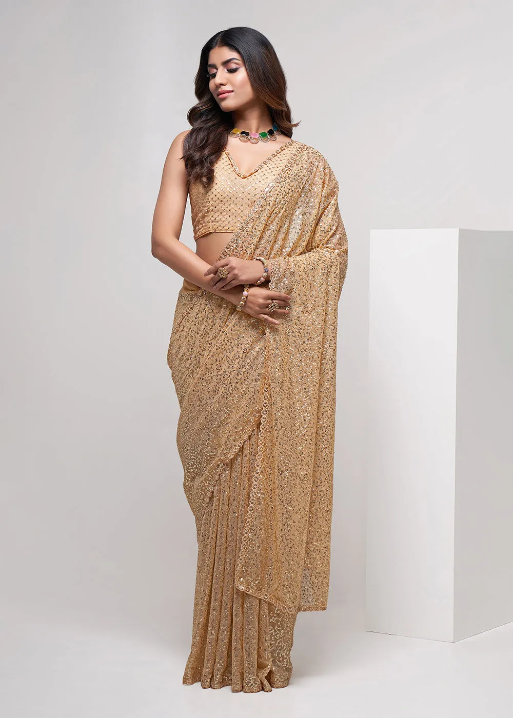 Gold Beige Thread & Multi Sequins Work Party Wear Saree