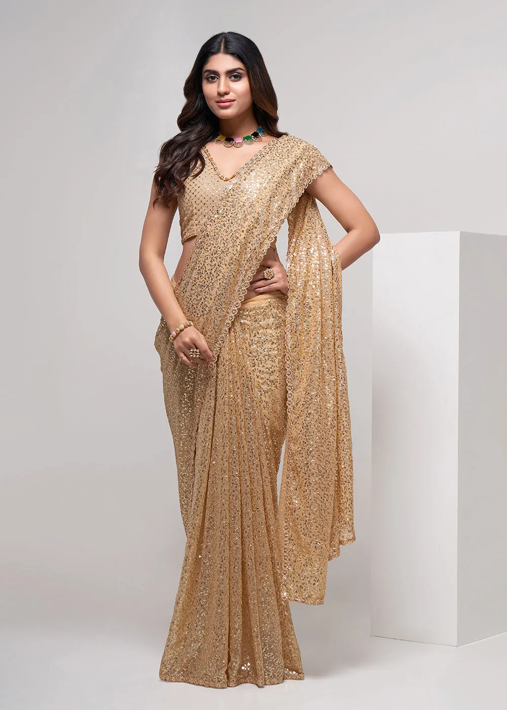 Gold Beige Thread & Multi Sequins Work Party Wear Saree