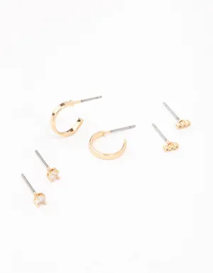 Gold Cubic Zirconia Huggie & Stud Earring 3-Pack