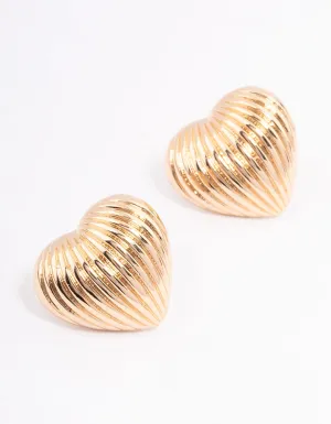 Gold Large Ribbed Heart Stud Earrings