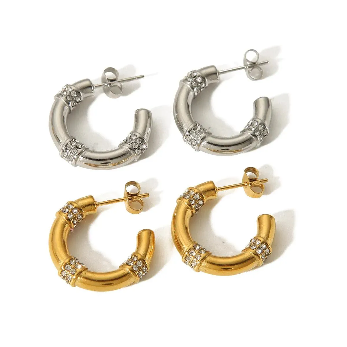 Gold-Plated Rhinestone Hoop Earrings – Trendy Geometric Design for Women