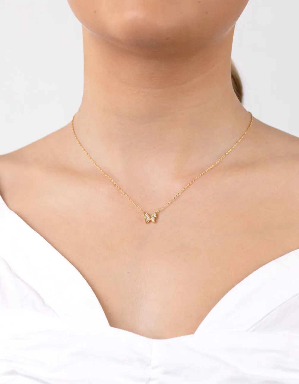 Gold Plated Sterling Silver Pave Butterfly Necklace