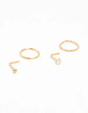 Gold Plated Titanium Diamante Nose Stud & Twisted Ring 4-Pack