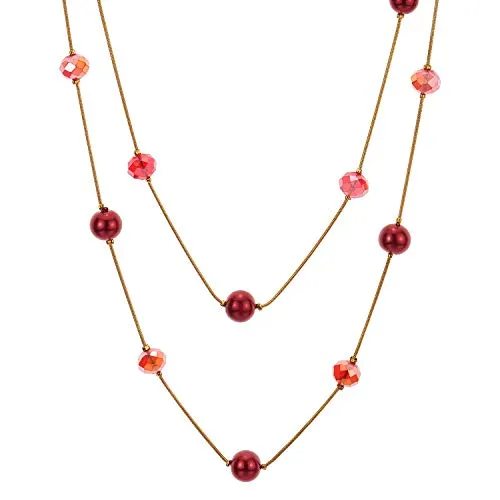 Gold Red Statement Necklace Two-Strand Long Chains with Red Crystal Beads Charms, Fashionable, Dress