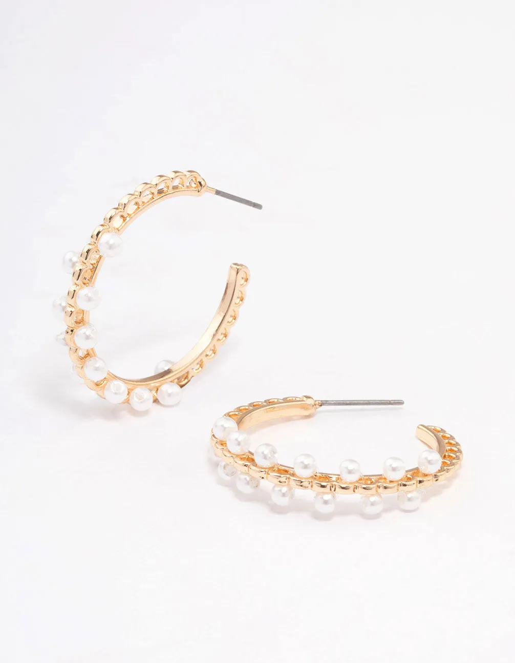 Gold Thin Pearl Ball Hoop Earrings