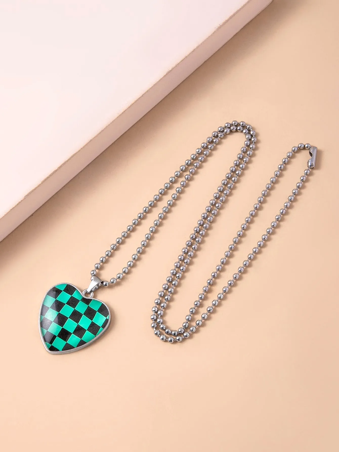 Green Plaid Pattern Heart Charm Necklace Jewelry for Women Gift for Her Necklace