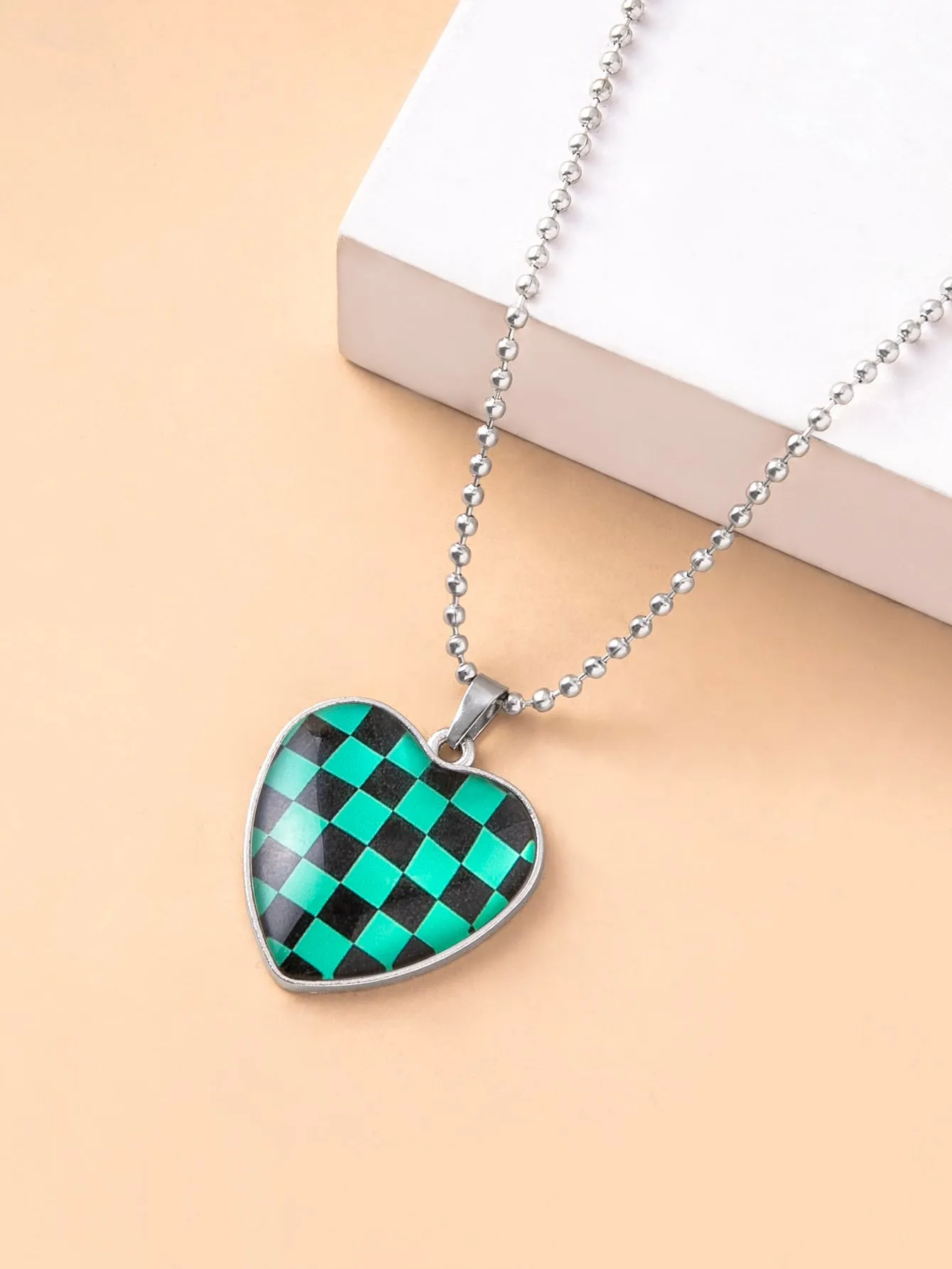 Green Plaid Pattern Heart Charm Necklace Jewelry for Women Gift for Her Necklace