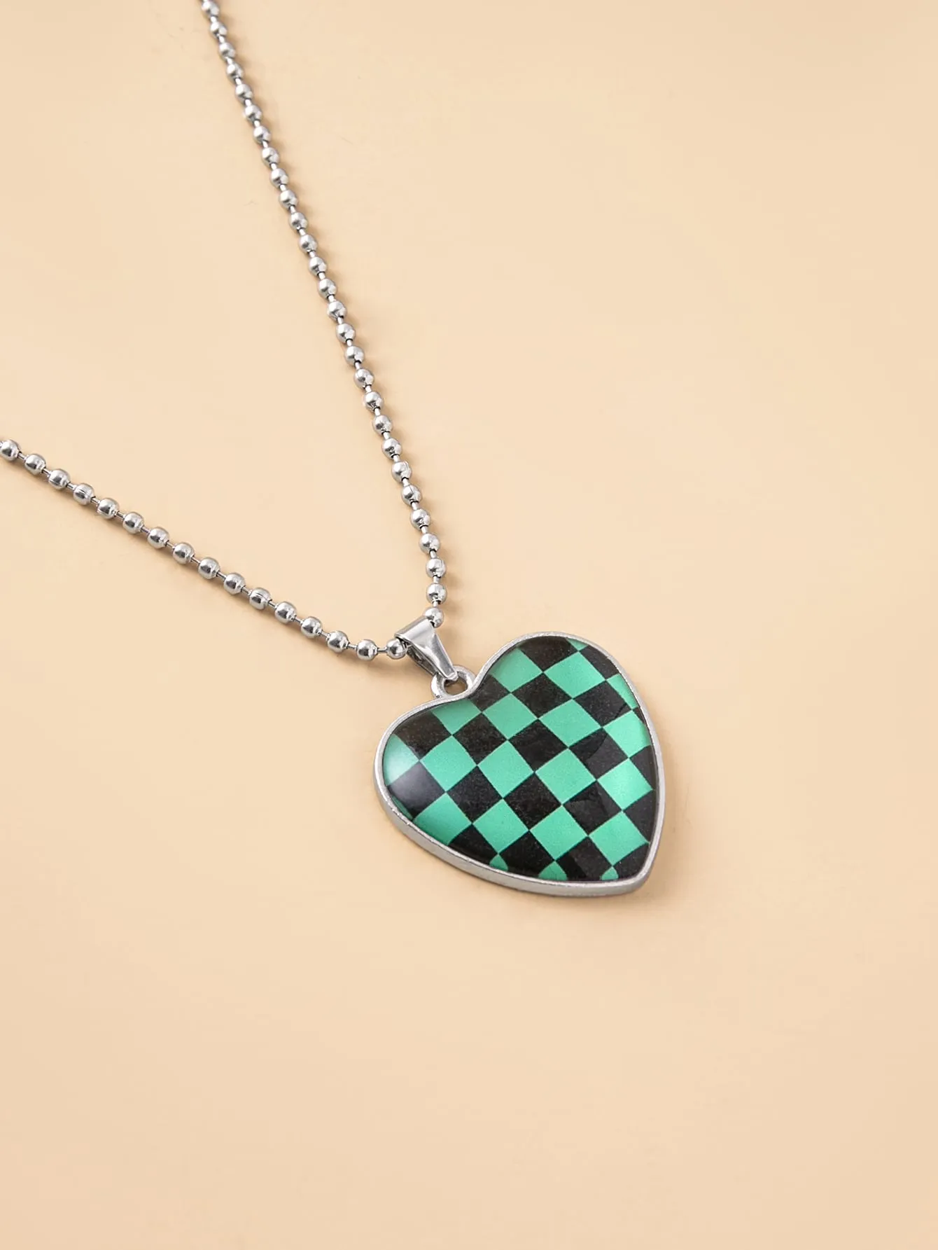 Green Plaid Pattern Heart Charm Necklace Jewelry for Women Gift for Her Necklace