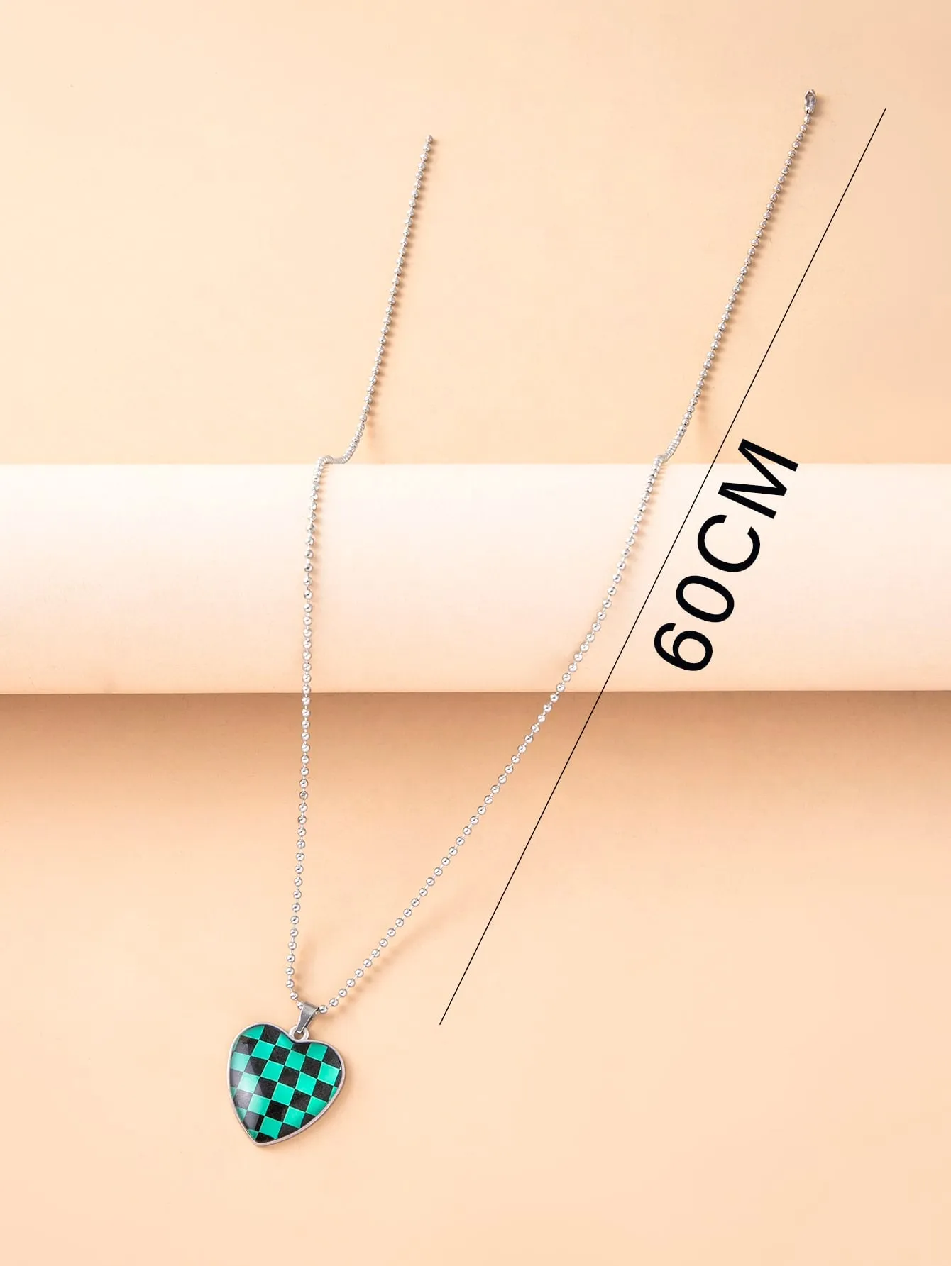 Green Plaid Pattern Heart Charm Necklace Jewelry for Women Gift for Her Necklace