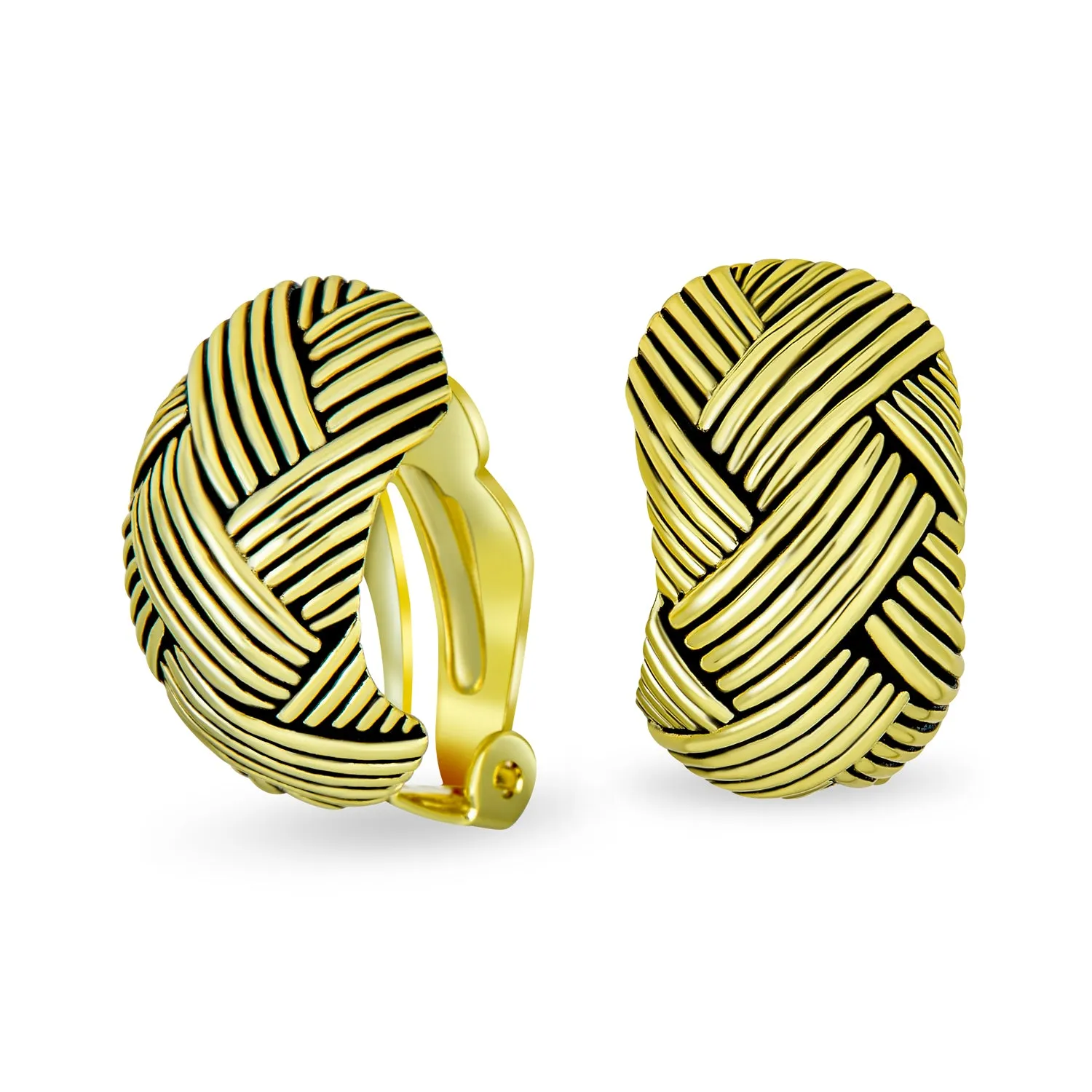 Half Hoop Woven Dome Basket Weave Clip-On Earrings for Non-Pierced Ears Gold Plated