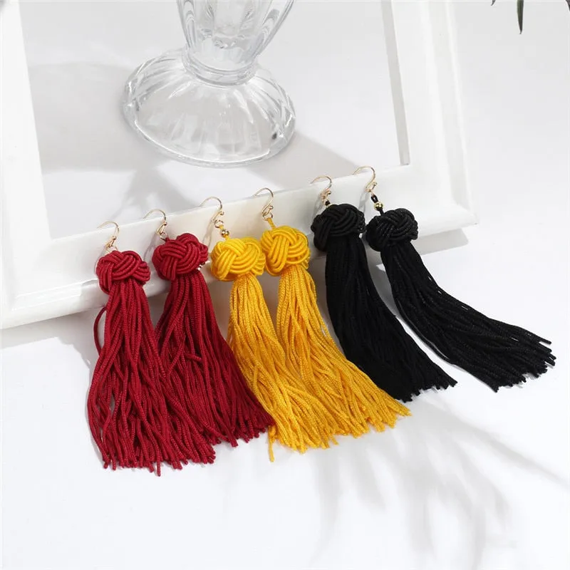 Handmade Tassel Earrings Trendy Black Red Yellow Green Long Dangles Ear Broncos Silk Fringed Jewellery For Women