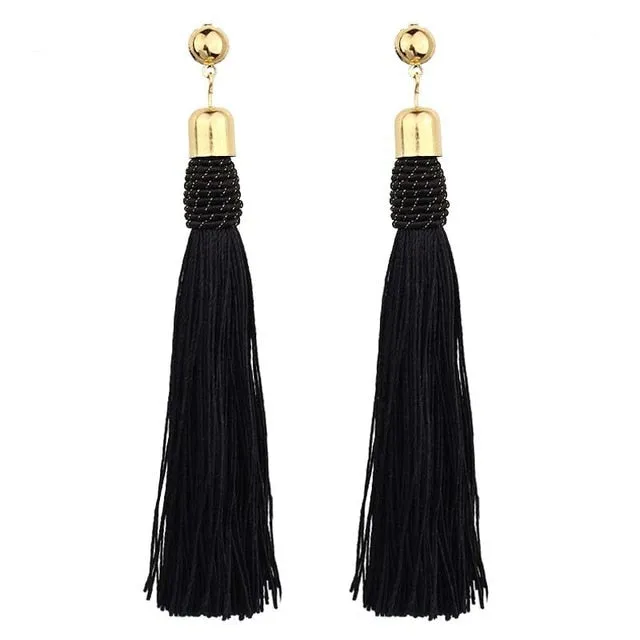 Handmade Tassel Earrings Trendy Black Red Yellow Green Long Dangles Ear Broncos Silk Fringed Jewellery For Women