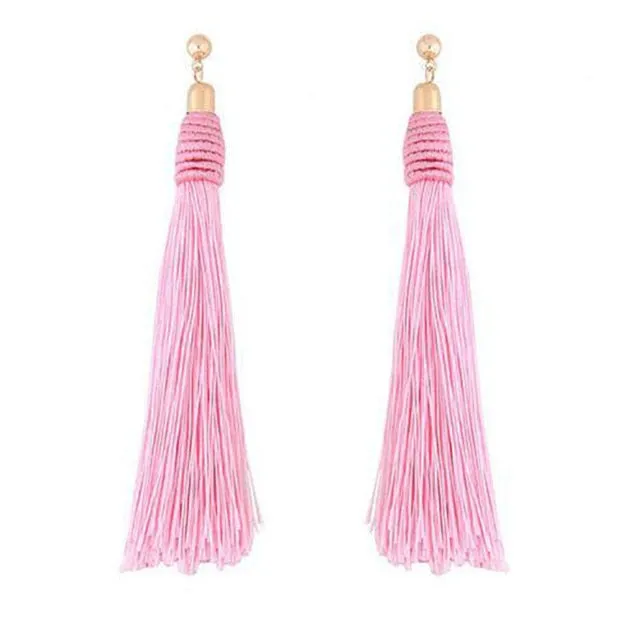 Handmade Tassel Earrings Trendy Black Red Yellow Green Long Dangles Ear Broncos Silk Fringed Jewellery For Women