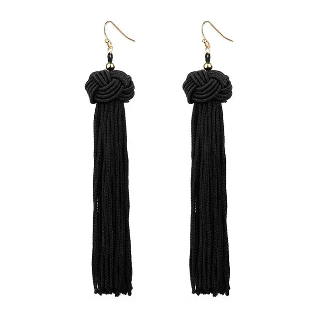 Handmade Tassel Earrings Trendy Black Red Yellow Green Long Dangles Ear Broncos Silk Fringed Jewellery For Women