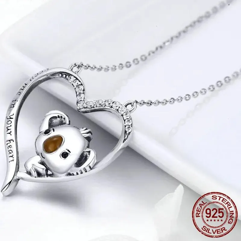 High Quality 925 Sterling Silver Lovely Koala in Heart Pendant Necklaces for Women Fashion Silver Jewelry