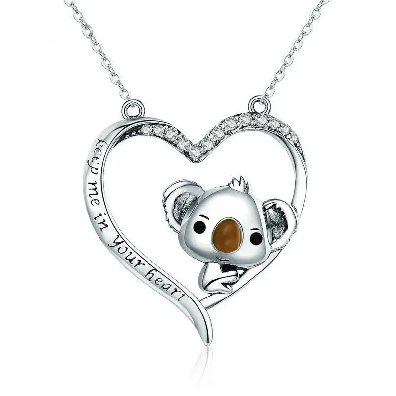 High Quality 925 Sterling Silver Lovely Koala in Heart Pendant Necklaces for Women Fashion Silver Jewelry