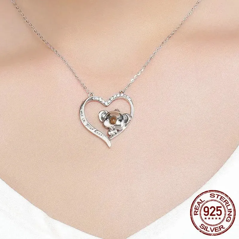 High Quality 925 Sterling Silver Lovely Koala in Heart Pendant Necklaces for Women Fashion Silver Jewelry