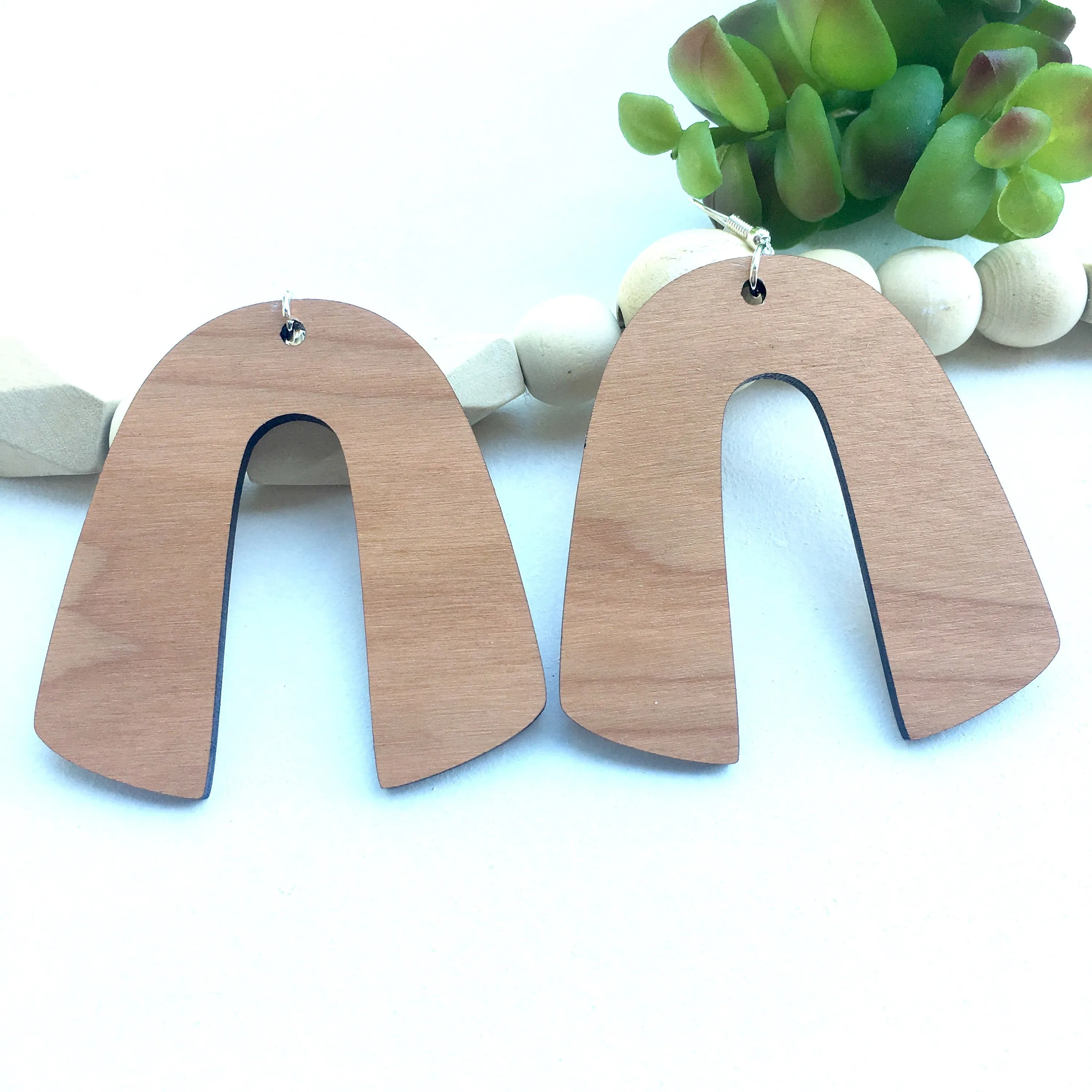 Horseshoe Dangle Wooden Earrings in Cherry, Trendy Lightweight Earrings, Gift for Sister