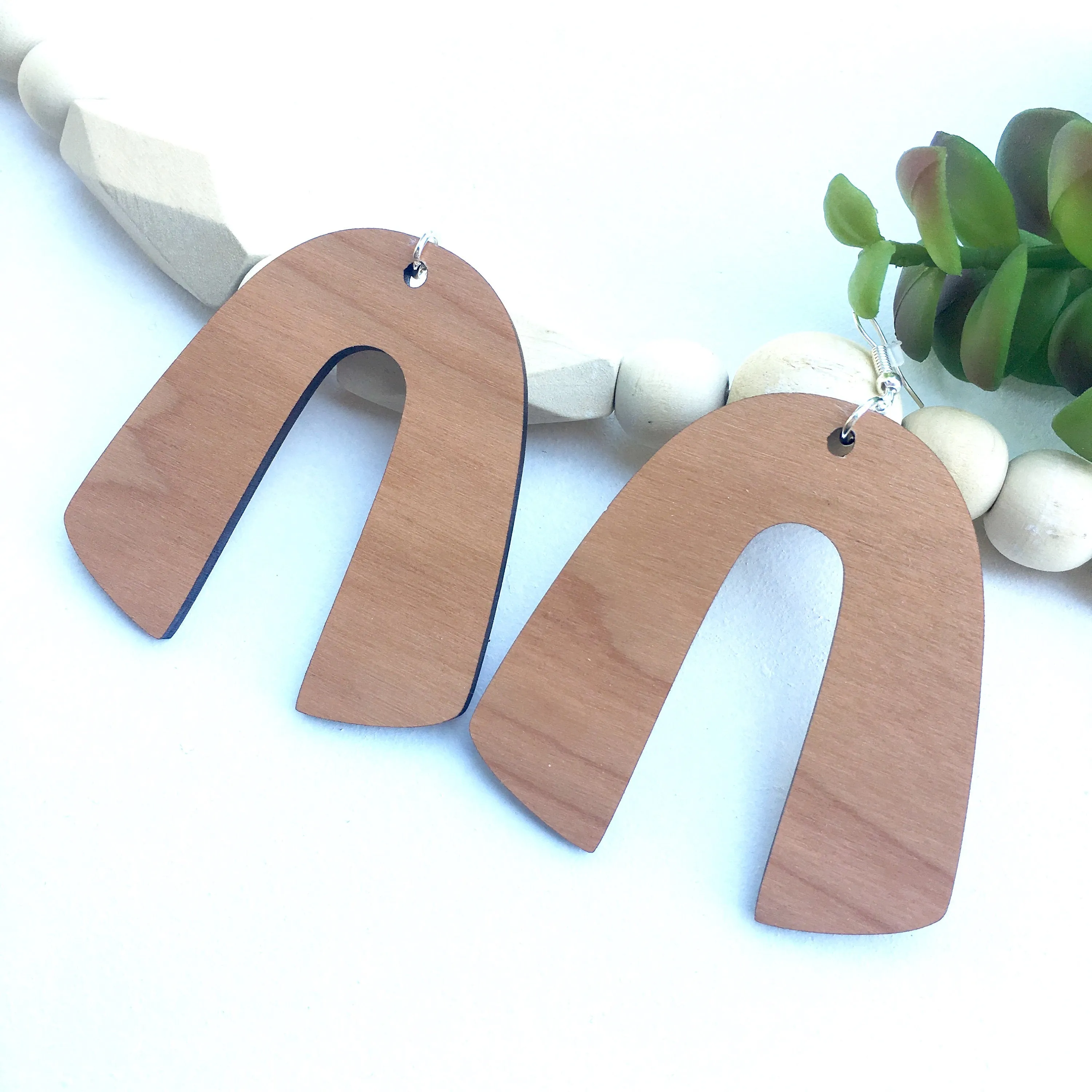 Horseshoe Dangle Wooden Earrings in Cherry, Trendy Lightweight Earrings, Gift for Sister