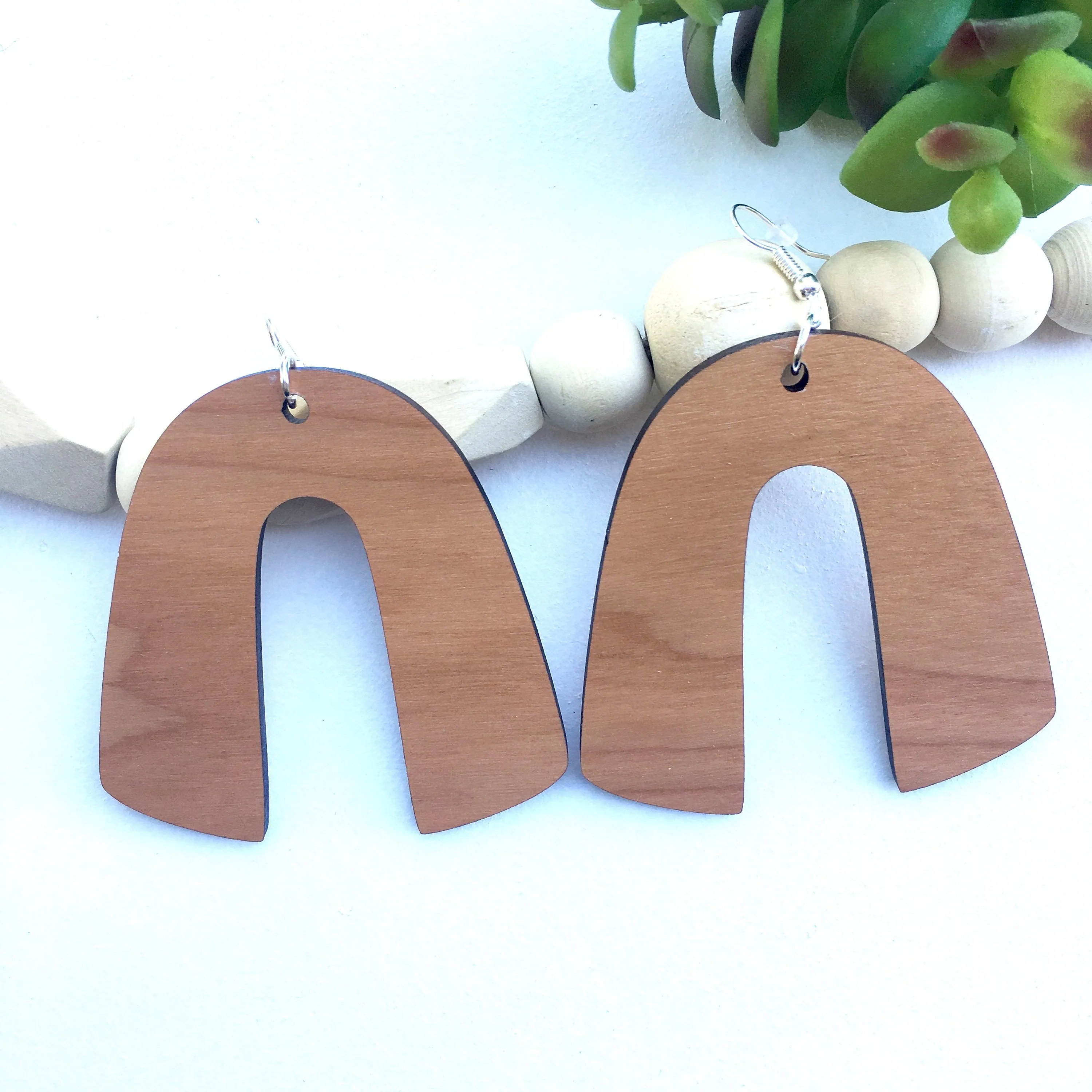 Horseshoe Dangle Wooden Earrings in Cherry, Trendy Lightweight Earrings, Gift for Sister