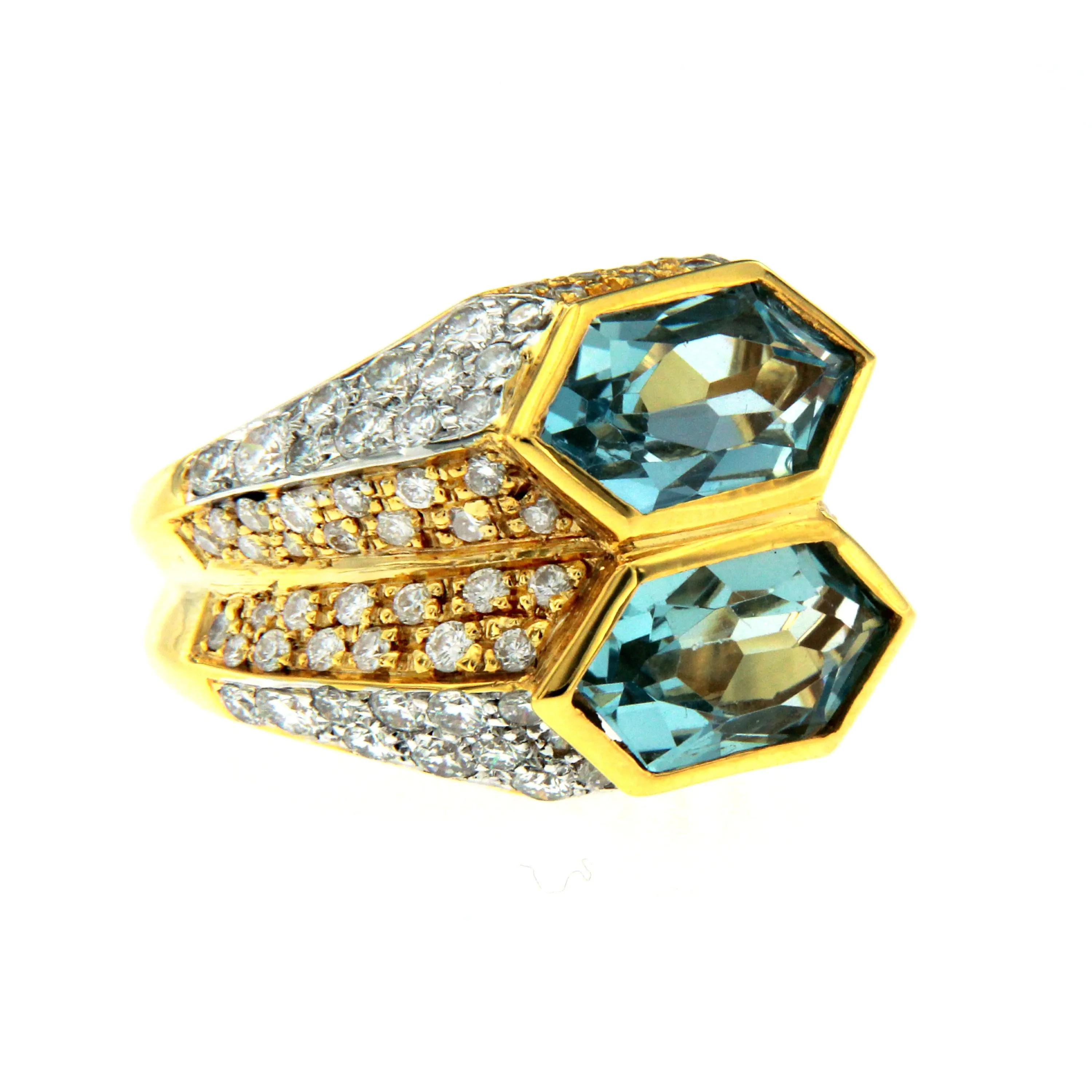 Iconic Bulgari Aquamarine Diamond Two-Color Gold Double Ring