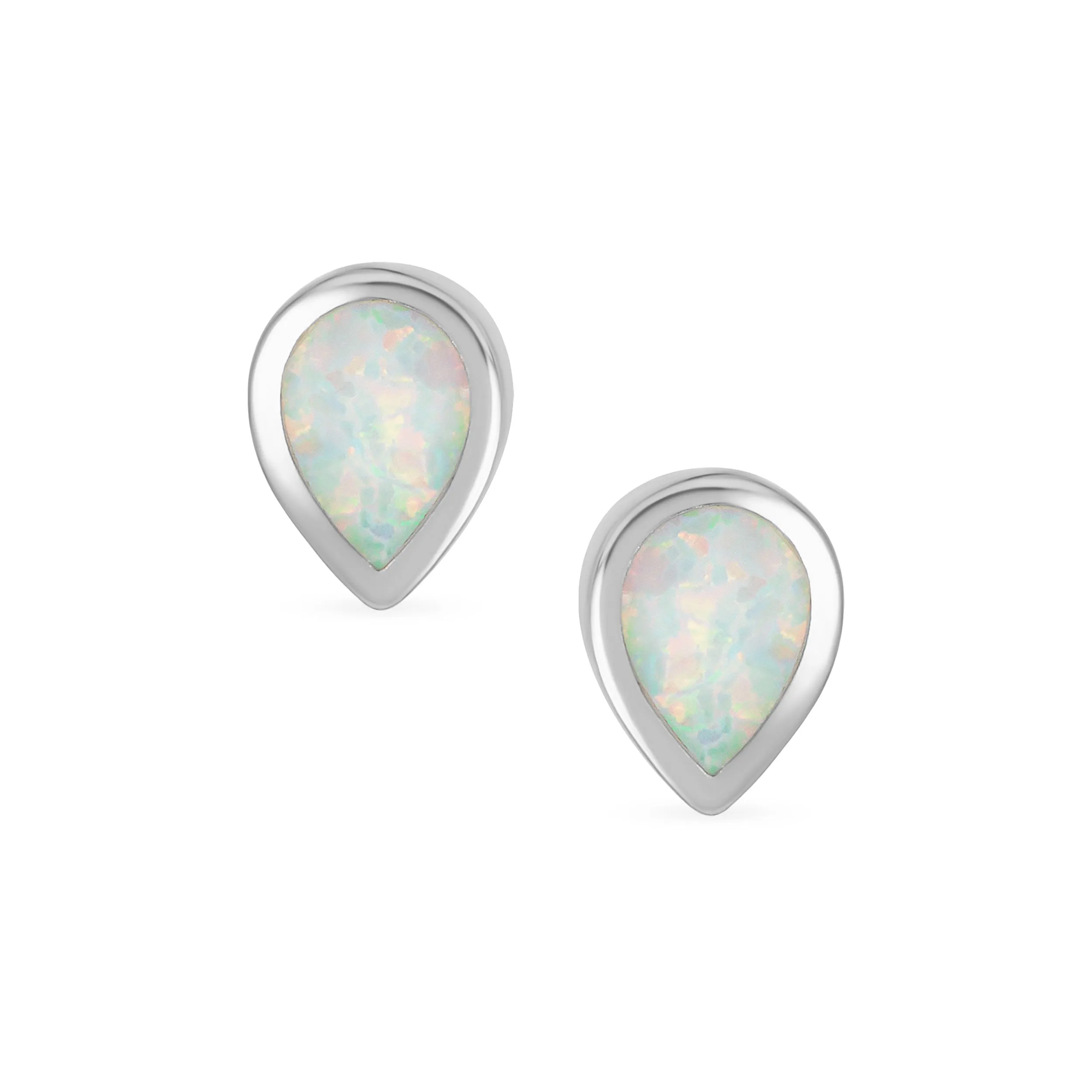 Iridescent White Opal Teardrop Stud Earrings in Sterling Silver - October Birthstone