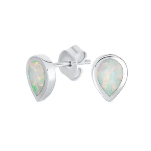 Iridescent White Opal Teardrop Stud Earrings in Sterling Silver - October Birthstone