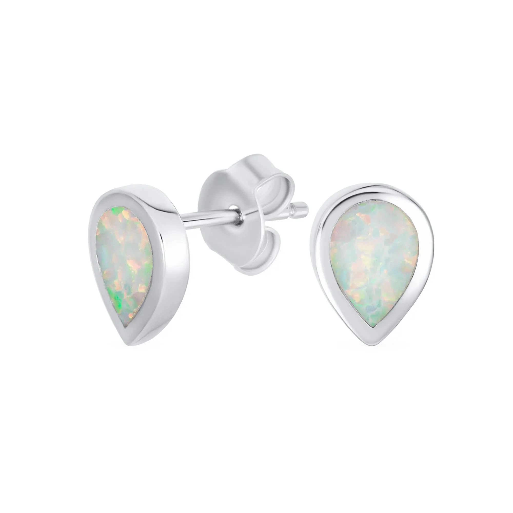 Iridescent White Opal Teardrop Stud Earrings in Sterling Silver - October Birthstone