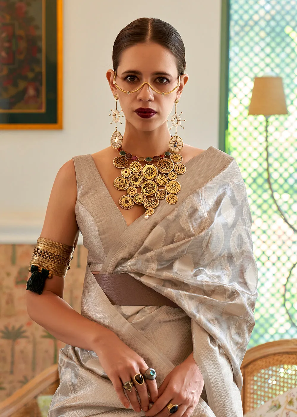 Kalki Koechlin Miraculous Grey Handloom Zari Silk Saree