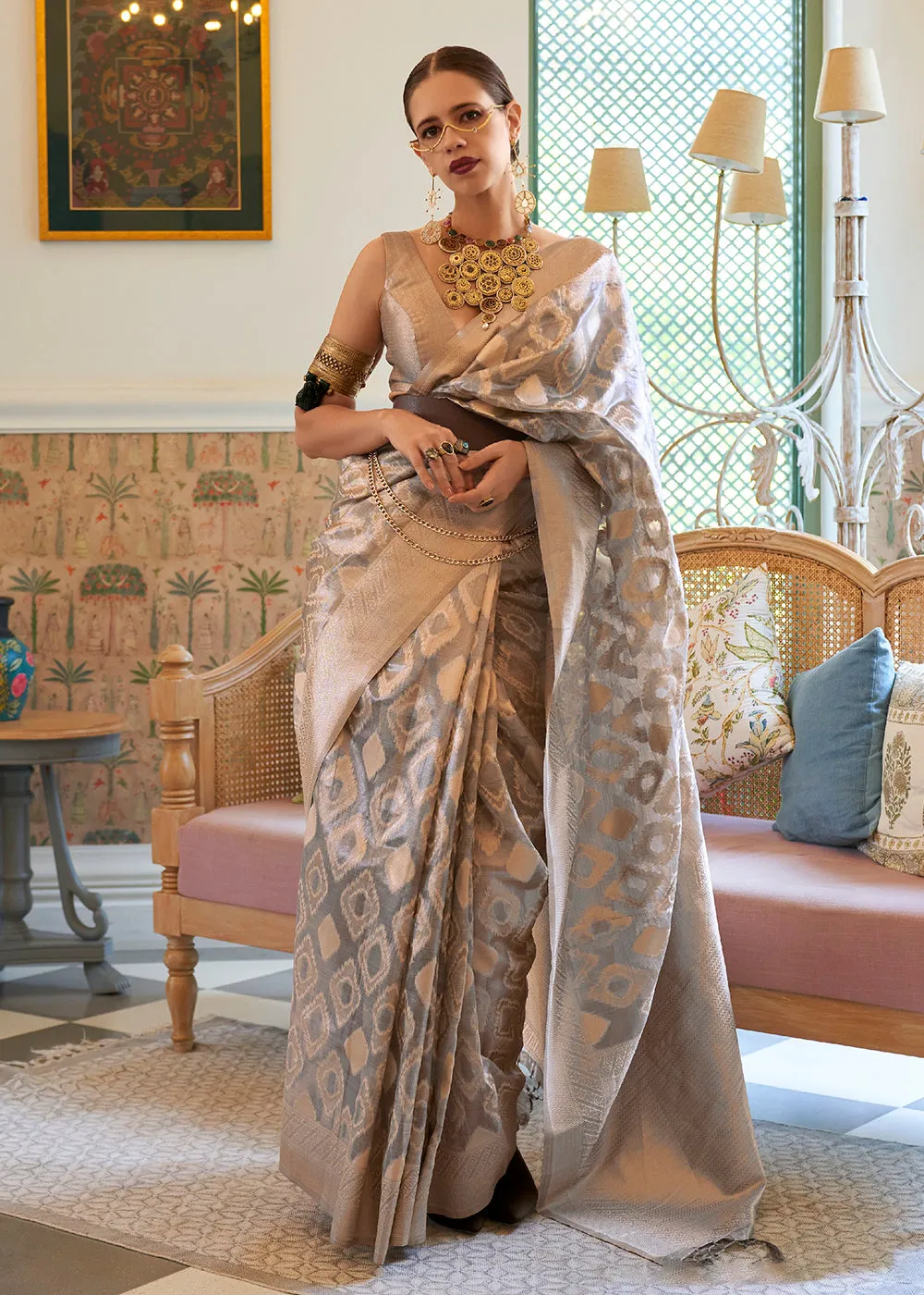 Kalki Koechlin Silver Grey Handloom Zari Silk Saree