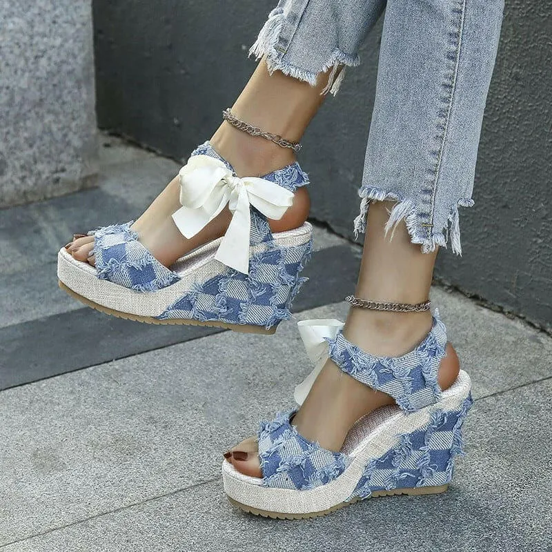 Ladies Wedge Peep Toe Bow Lace-up Denim Platform Sandals