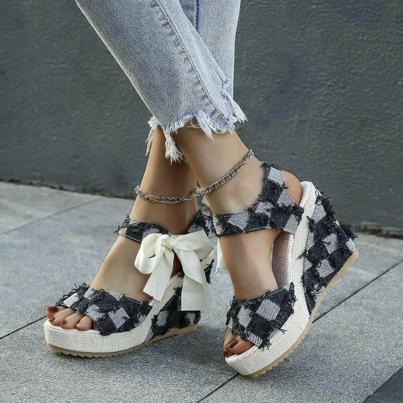 Ladies Wedge Peep Toe Bow Lace-up Denim Platform Sandals