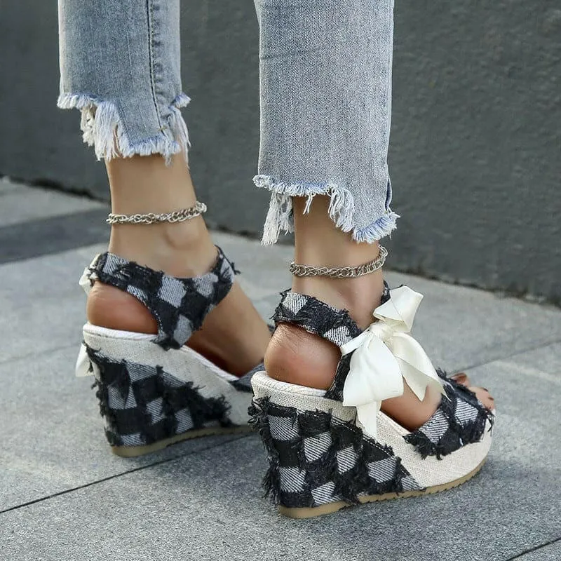 Ladies Wedge Peep Toe Bow Lace-up Denim Platform Sandals