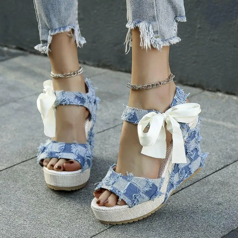 Ladies Wedge Peep Toe Bow Lace-up Denim Platform Sandals