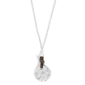 Leather Knot Hammered Disc Necklace - Silver