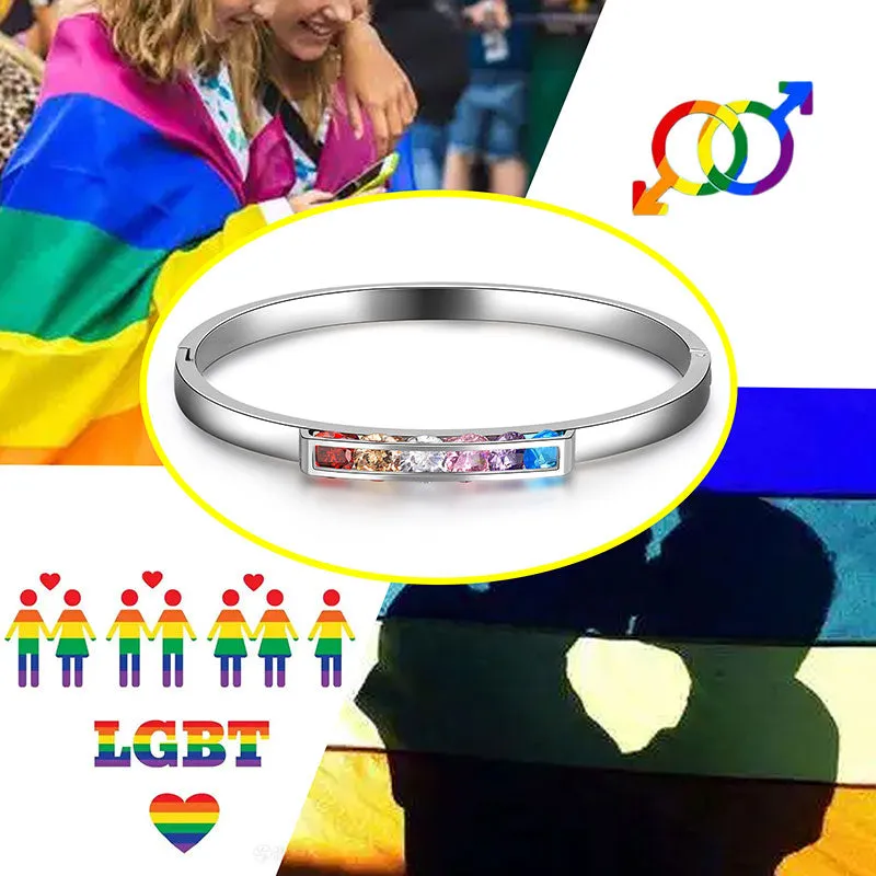 LGBT Rainbow Bangles Bracelet Cuff Pride Jewelry for Men Women Stainless Steel