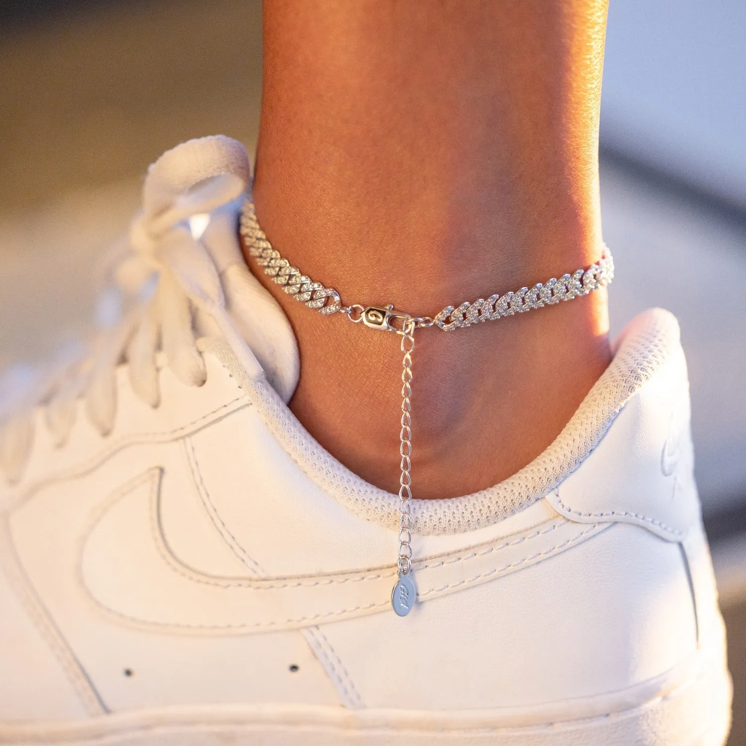 Micro Diamond Prong Cuban Anklet in White Gold - 6mm