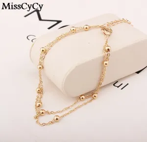 MissCyCy 2016 New Fashion Foot Jewelry Punk Style Gold/Silver Color Double Bead Chain Ankle Bracelets For Women