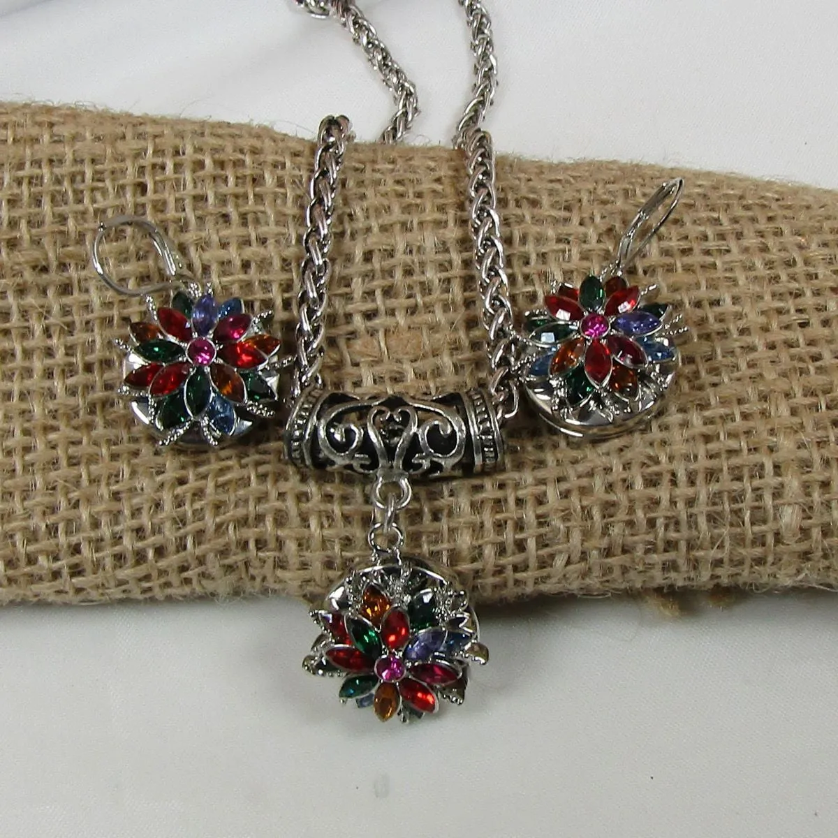 Multi-colored Crystal & Silver Pendant Necklace &  Earrings