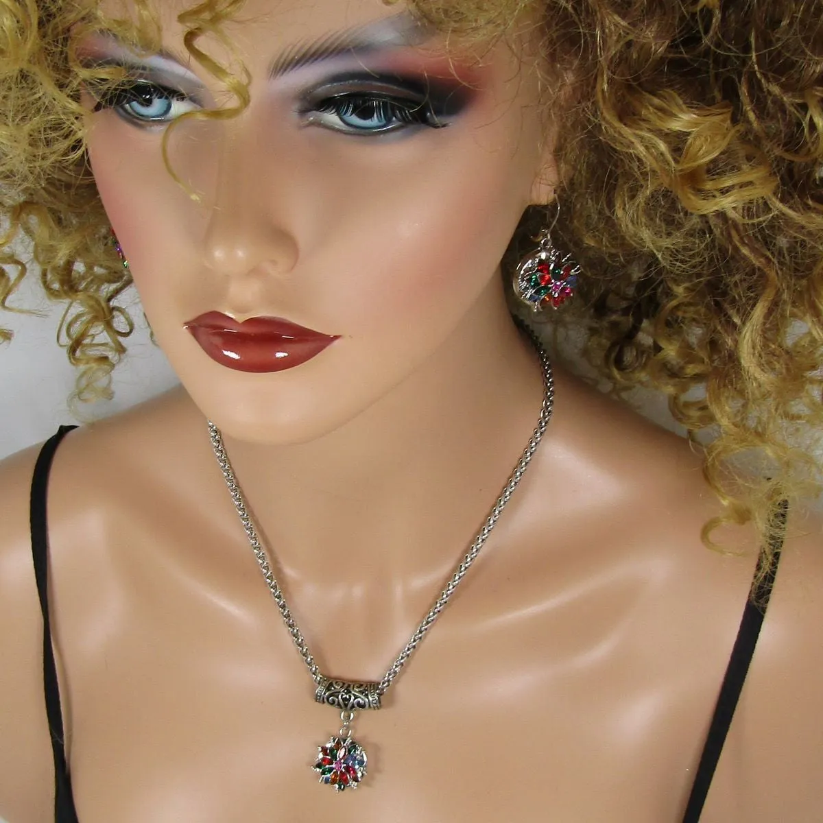 Multi-colored Crystal & Silver Pendant Necklace &  Earrings