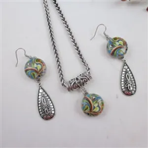 Multi-colored Swirled & Silver  Pendant Necklace & Earrings