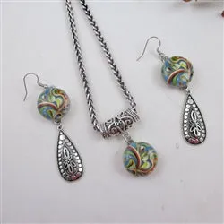 Multi-colored Swirled & Silver  Pendant Necklace & Earrings