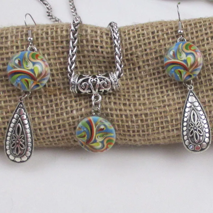 Multi-colored Swirled & Silver  Pendant Necklace & Earrings