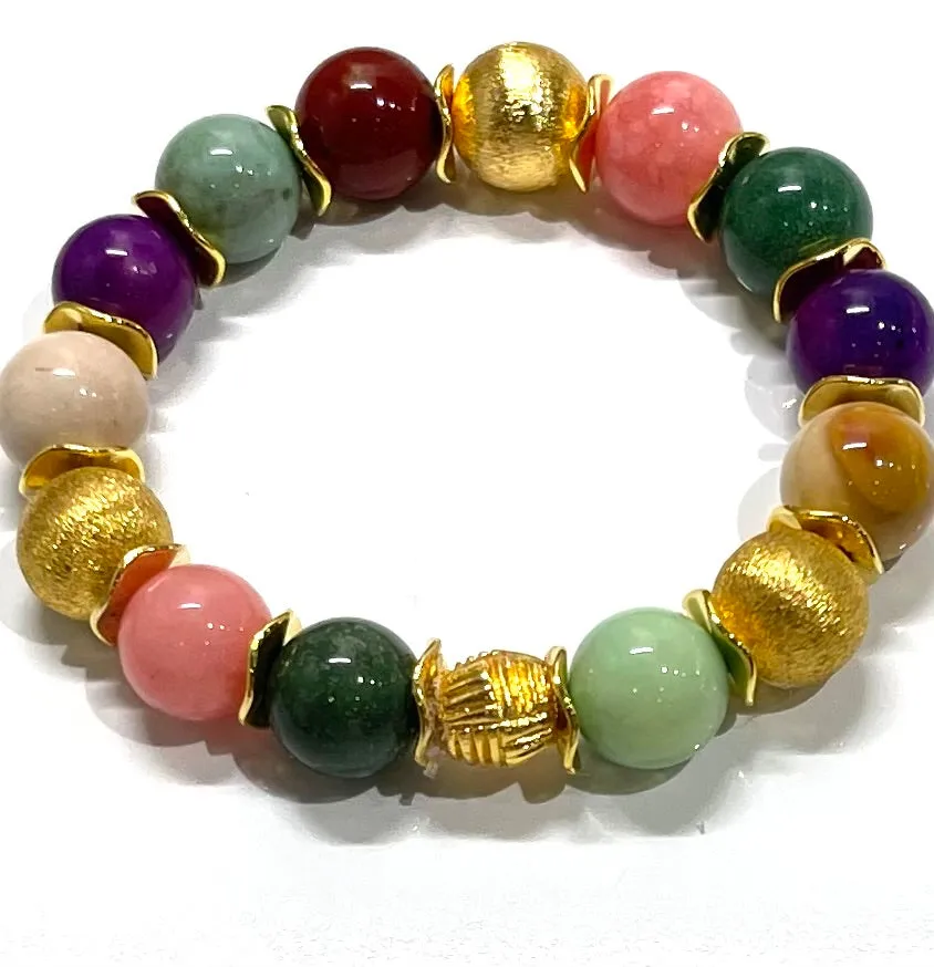 Multi-Gemstone Rhodochrosite, Sugilite & Jade Gemstone Gold Beaded Bracelet