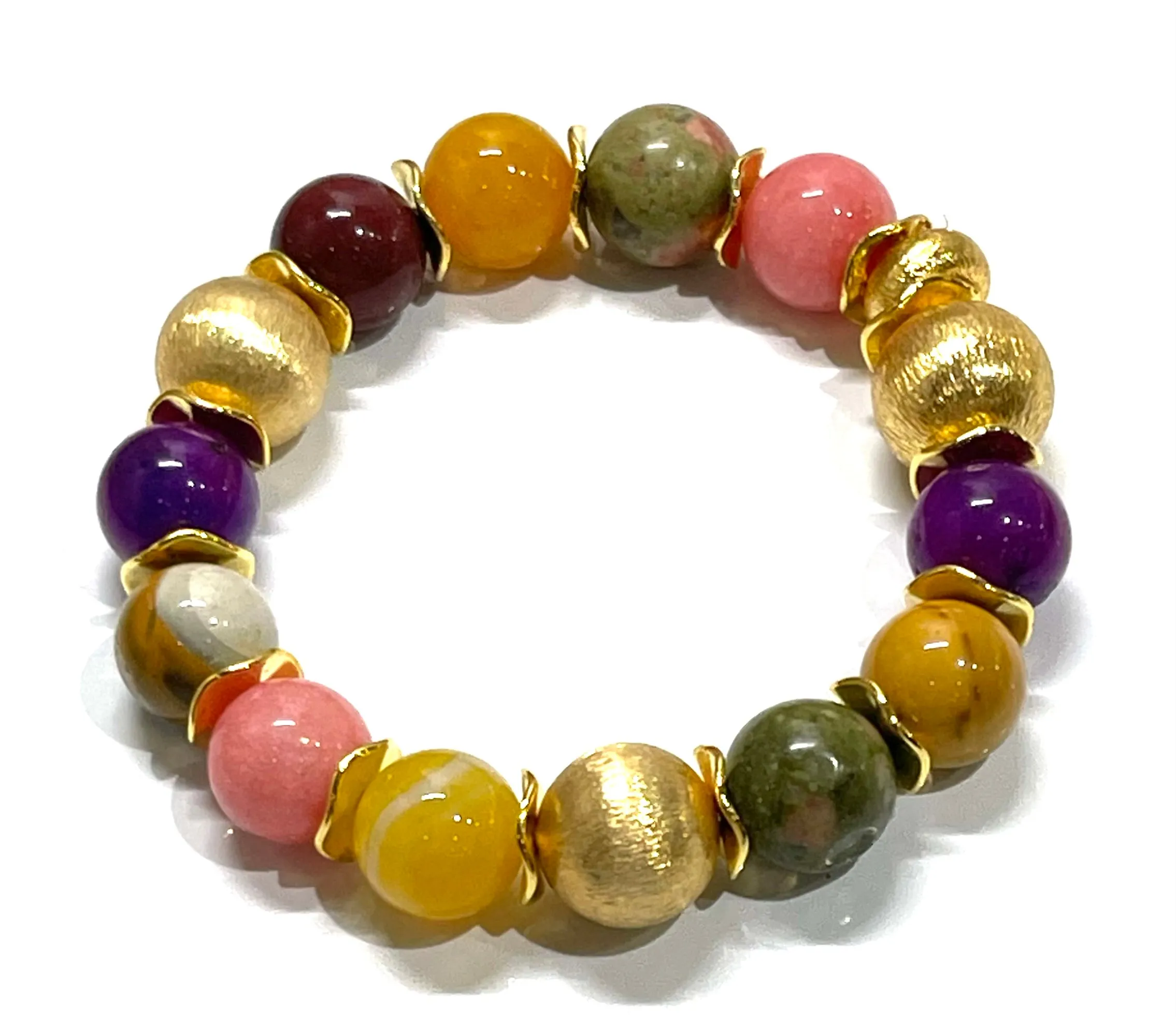 Multi-Gemstone Rhodochrosite, Sugilite & Jade Gemstone Gold Beaded Bracelet